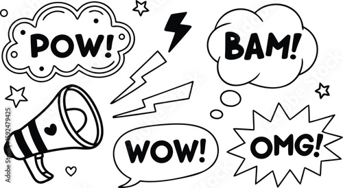 Black and white comic style sound effects and speech bubbles with megaphone pop art comic book