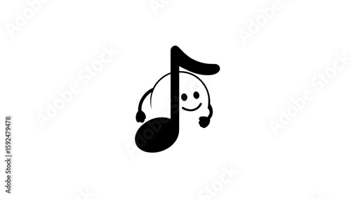 Cartoon music note character with a smiling face and small arms extending from the side of it