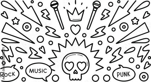 Black and white doodle pattern with skull microphones crown lightning bolts speech bubbles and hearts