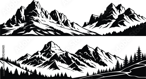 Black and white graphic illustration of jagged mountain peaks and pine trees mountains range silhouette