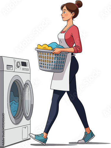 Woman carrying laundry basket walking to front load washing machine in casual home setting vector illustration