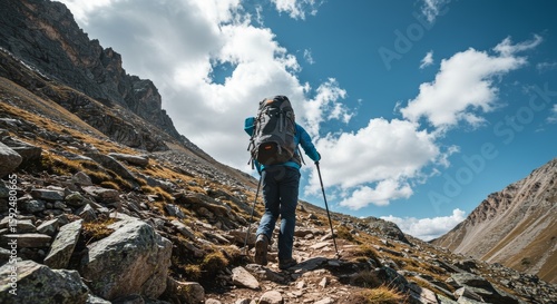 Wallpaper Mural A hiker with backpack and poles ascending a rocky mountain Torontodigital.ca