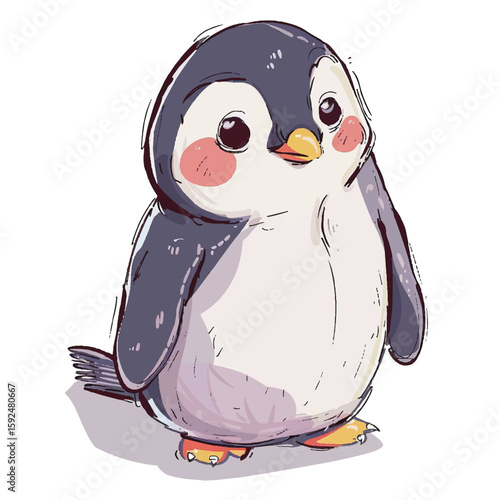 Adorable cartoon penguin with rosy cheeks and tiny orange feet (1)