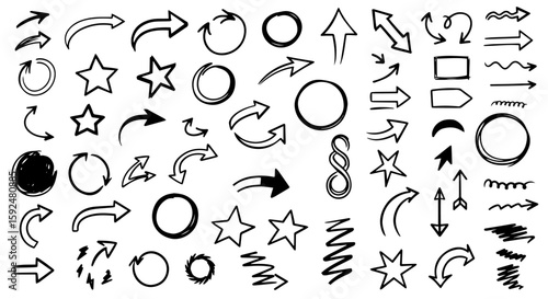 Set of hand drawn arrows, circles, stars, and underline icons isolated on transparent or white background. Vector illustration. Collection of doodle sketch design elements.