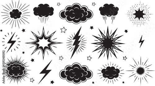 Black comic book style explosion bursts lightning clouds and stars on white background bolt