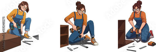 Woman assembling furniture with tools in casual outfit showing step by step process of home improvement work vector illustration