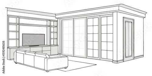 Modern living room interior line art vector illustration. Cozy home design with sofa, TV unit, and built-in shelving. Architectural sketch for apartment decor, renovation, and real estate concepts.