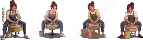 Four Women Making Pottery Wheel Crafting Ceramic Art with Clay Handmade Crafting Process Illustration