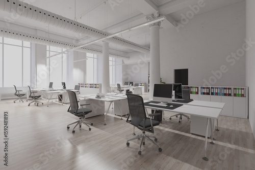 Empty modern office space with multiple white desks and chairs. Clean contemporary business interior for corporate work.