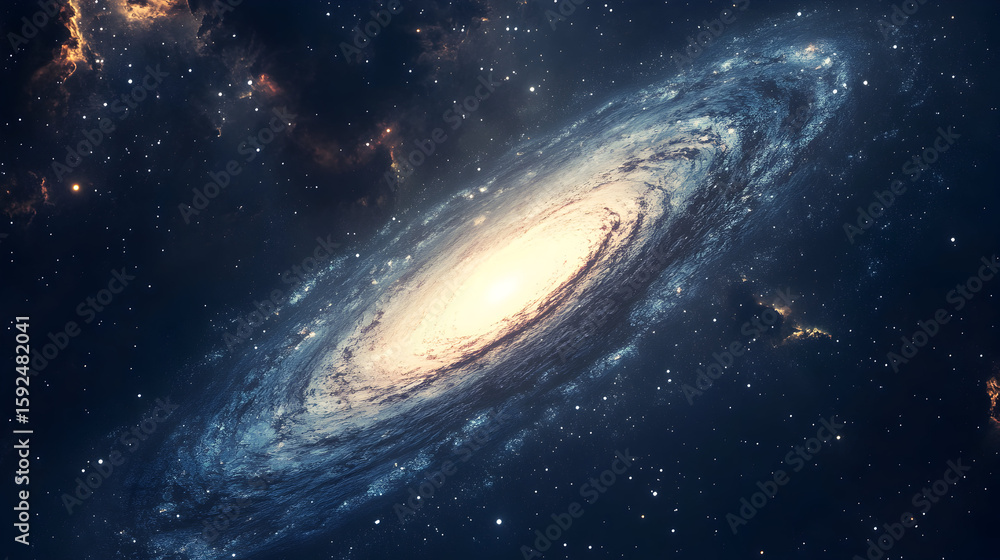 Fototapeta premium A spiral galaxy swirls in a dark expanse of space displaying cosmic dust.