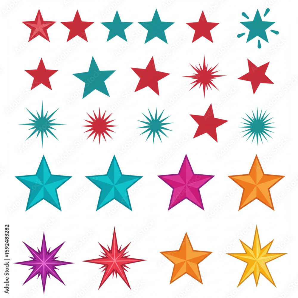 Obraz premium Collection of decorative starbursts and star shapes in vibrant hues perfect for festive designs or holiday themed projects