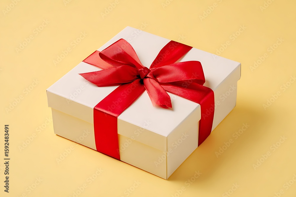 Obraz premium Elegant white gift box adorned with a vibrant red satin ribbon bow