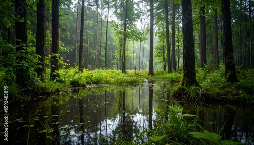 Misty forest reflecting in a tranquil pool