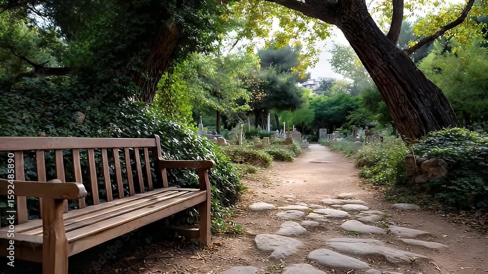 Wooden bench in park cemetery garden path Wooden bench in park cemetery garden path