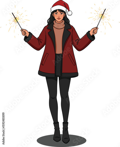 Woman wearing santa hat and red coat holding sparklers celebrating festive holiday winter season party