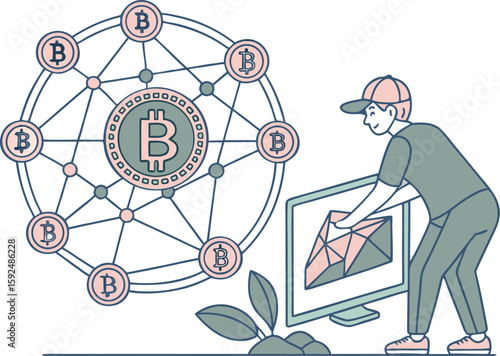 Blockchain and cryptocurrency theme with digital coins and network nodes, node lines, and a futuristic glass-morphism style for a sleek