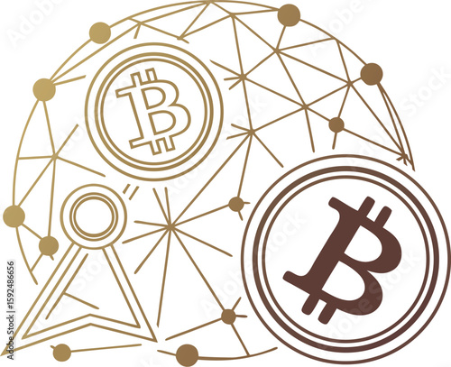 Blockchain and cryptocurrency theme with digital coins and network nodes, node lines, and a futuristic glass-morphism style for a sleek