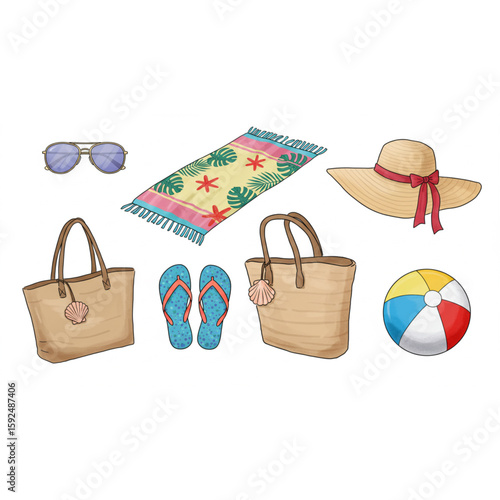 Summertime beach essentials compose a delightful graphic, perfect for vacation planning, travel advertisements, and seaside promotions on lifestyle blogs.