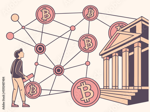 Blockchain and cryptocurrency theme with digital coins and network nodes, node lines, and a futuristic glass-morphism style for a sleek