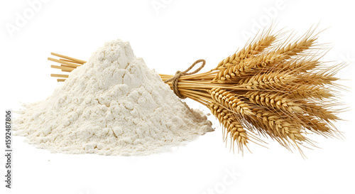 Pile of flour with wheat ears, a baking ingredient for bread and pastry isolated on transparent background