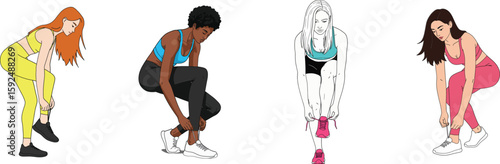 Women tying shoelaces before workout fitness preparation active sport routine health focus vector illustration
