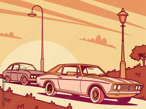 Vintage classic cars at sunset. Retro vector with smooth gradients, muted warm tones, and a nostalgic 1960s aesthetic.