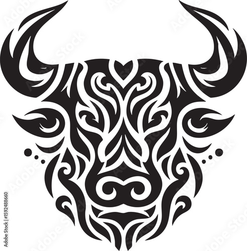 Vector silhouette of fierce bull head with large curved horns, stylized black and white design on white background