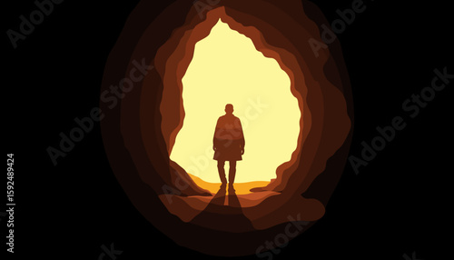 Man standing at the exit of the cave with light symbolizing enlightenment  