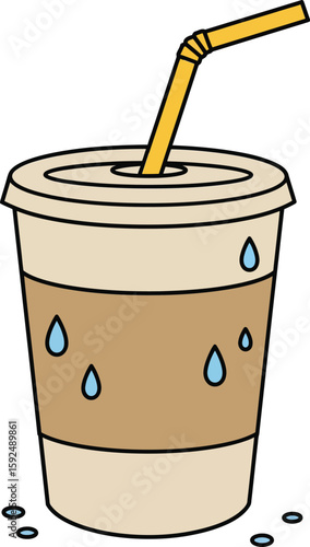 Cold drink cup with yellow straw and condensation droplets vector illustration for refreshing beverage design