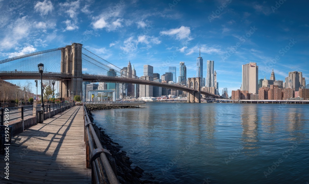 Naklejka premium A panoramic view of the New York City skyline, with towering skyscrapers and an old wooden bridge crossing over the water in front of it Generative AI