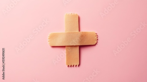 Two adhesive bandages forming a cross on a pink background.