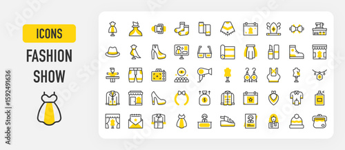 Fashion show icons. Hat, Fundraiser, Trade Show, Workshop, Belt, Asymmetrical, Fitting Room, Live Streaming, Audience, Mannequin, Top, Shoes, Photography vector stroke illustration.	
