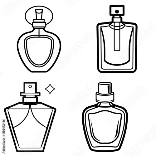 Illustration showing four different perfume bottles with varying shapes and spray mechanisms in black outline