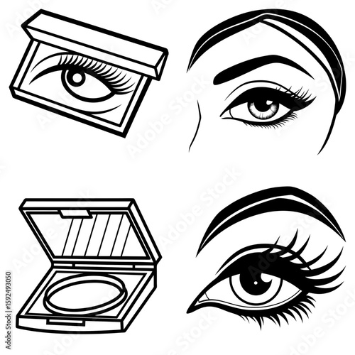 Illustration showing eyes with makeup and compacts for eyeshadow and face powder in black and white line art