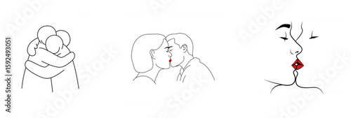 Embrace love with minimalistic line art featuring couples hugging and kissing with simple black lines and a touch of red.
