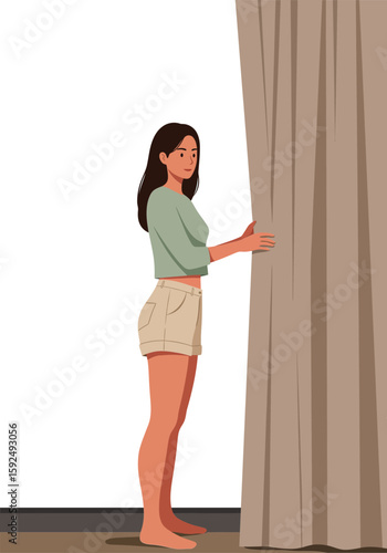 Woman standing near beige curtains with casual outfit and barefoot indoors in natural light vector illustration