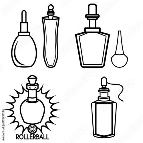 Illustration of various perfume bottles with different shapes and sizes in black outline style design vector