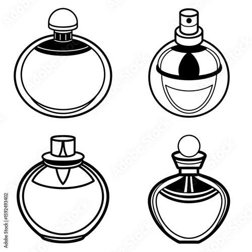 Four perfume bottles with different shapes and caps in black and white outline drawing style illustration