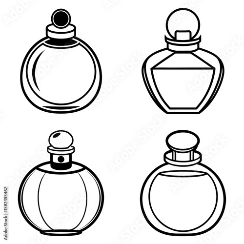Illustration of four perfume bottles with different shapes and stoppers in black and white outline style