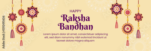 Elegant Raksha Bandhan greeting card design featuring hanging rakhis on light beige background. Colorful festive template for Rakhi festival celebration.