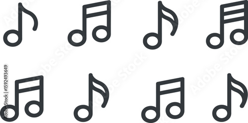 Eight Vector Music Note Icons: Minimalist Line Style