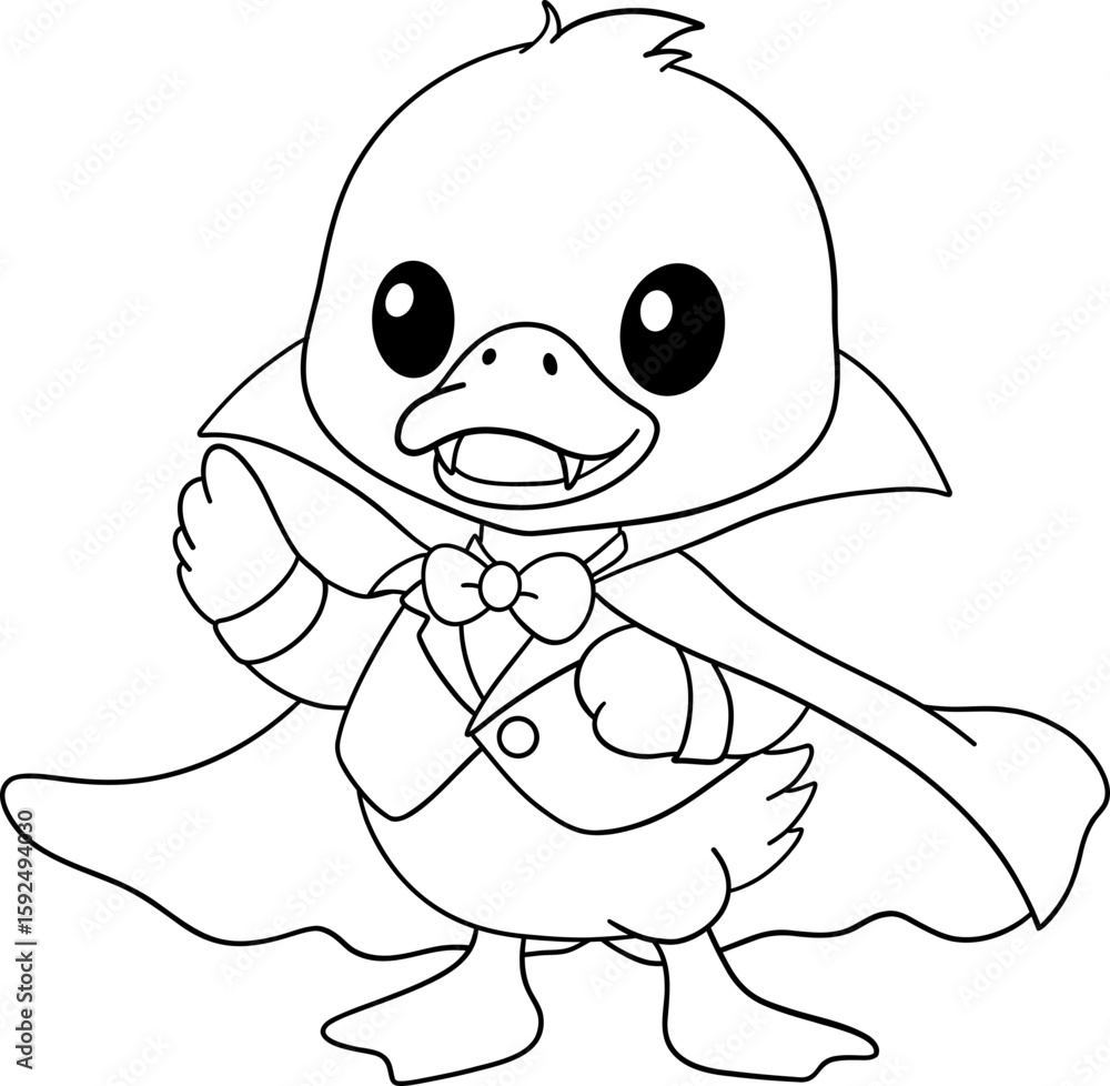 Obraz premium halloween cartoon duck dressed as vampire with cape in black and white line art