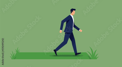vector illustration of a man in a formal suit walking confidently on a green carpet. Clean, modern design with a green theme, suitable for business, success, or eco-friendly concepts.