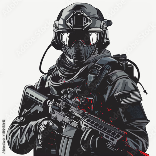Armed Soldier in Tactical Gear with Rifle Ready for Combat Dark and Intense