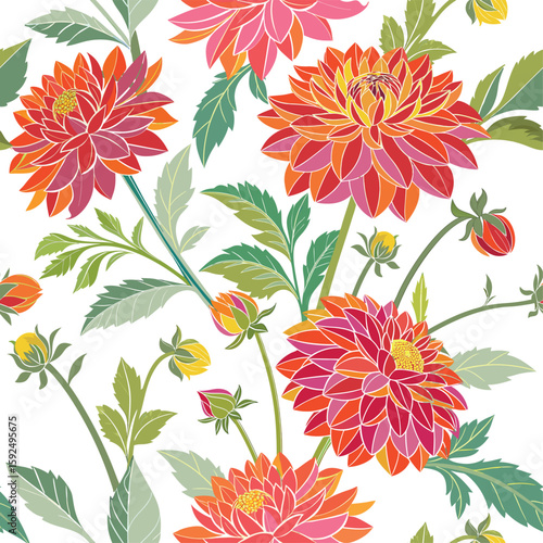 Seamless pattern with dahlia with sharp, overlapping petals. Graphic orange vector illustration, pop-art-inspired