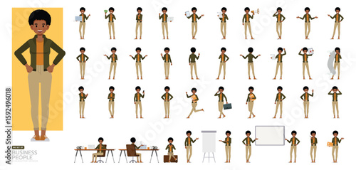 Big Set of Businesswoman with afro hairstyle wearing green jacket character vector design. People working in office planning, thinking and economic analysis.