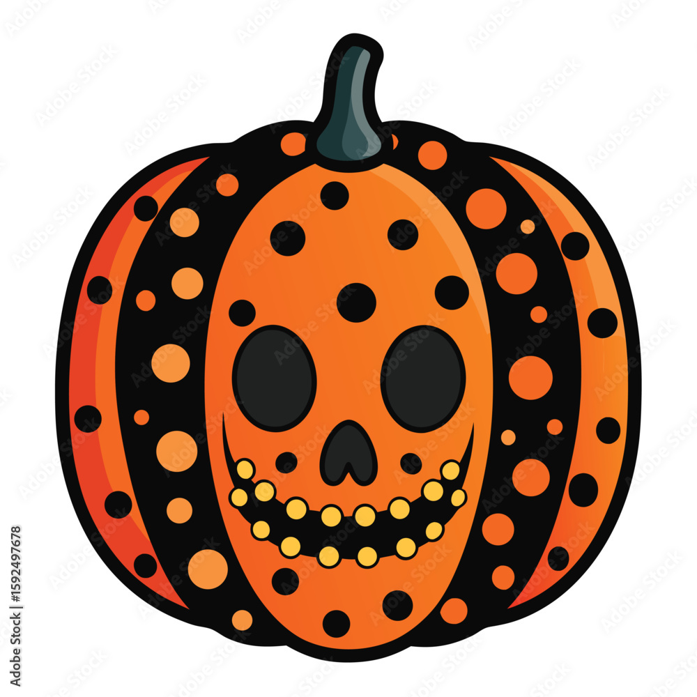 Obraz premium Decorative pumpkin painted with fun black and orange polka dots, a cheerful, festive design.