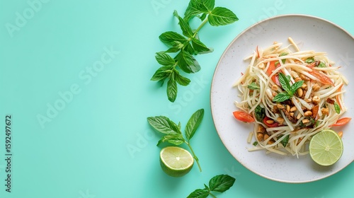 Fototapeta Naklejka Na Ścianę i Meble -  Fresh and vibrant Papaya salad served on a plate, with lime slices and herbs scattered on the background. The salad looks delicious and appetizing, a delightful culinary experience