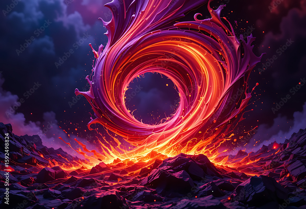 Obraz premium An abstract, fiery vortex of orange, red, and purple energy swirls over a dark, rocky landscape with a dark, cloudy sky.