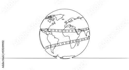 Globe with film strip wrapped around it illustrating movie concept  